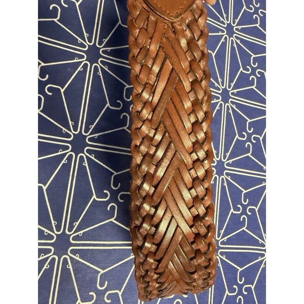 Fossil Brown Braided Leather Belt Brass Ring Buckle Size L Genuine Leather